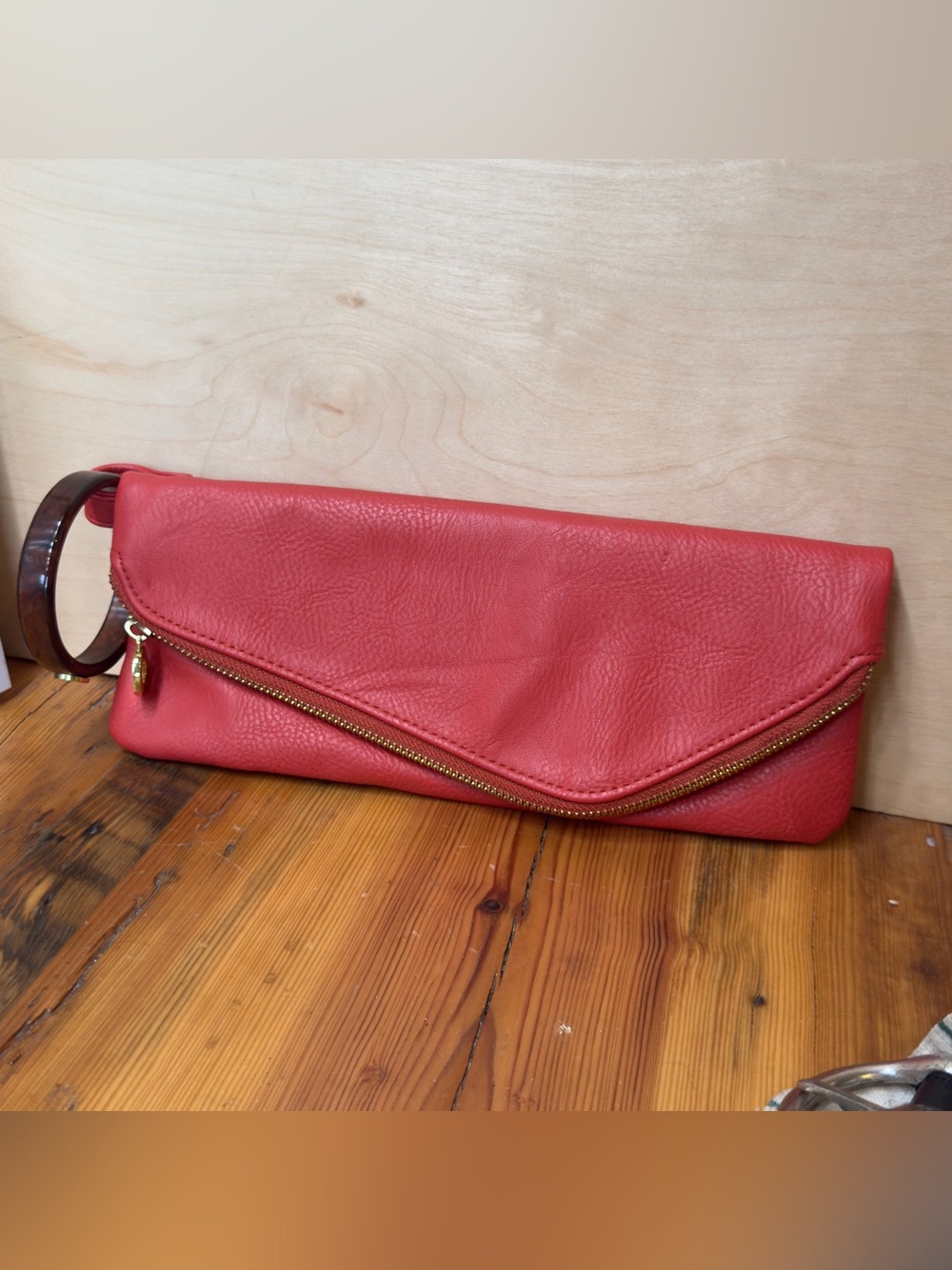 Mud pie Red orange Leather Fold-Over Wristlet Clutch